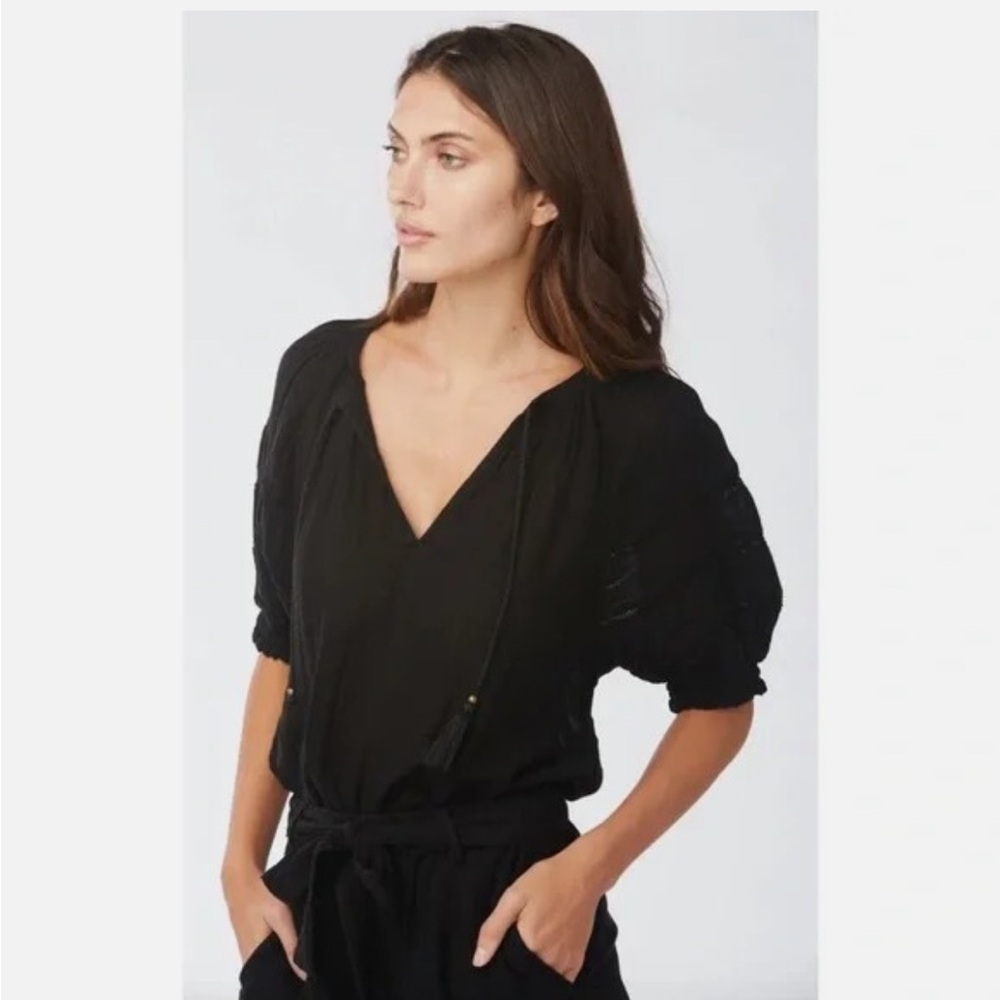 Sundays Colette Eyelet Puff Sleeve Blouse Top Womens 3 Black Cotton Tasseled - Picture 2 of 16